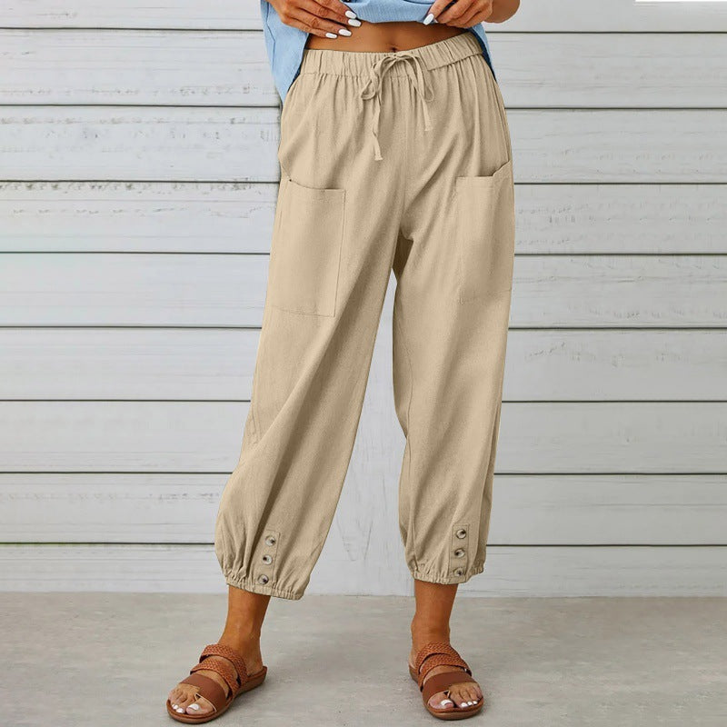 Pantalon ample taille haute en coton et lin avec boutons, coupe courte, jambes larges pour femme