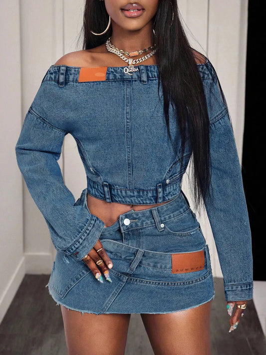 Women Off-Shoulder Long-Sleeve Stretch Denim Top with Front Buttons, blue
