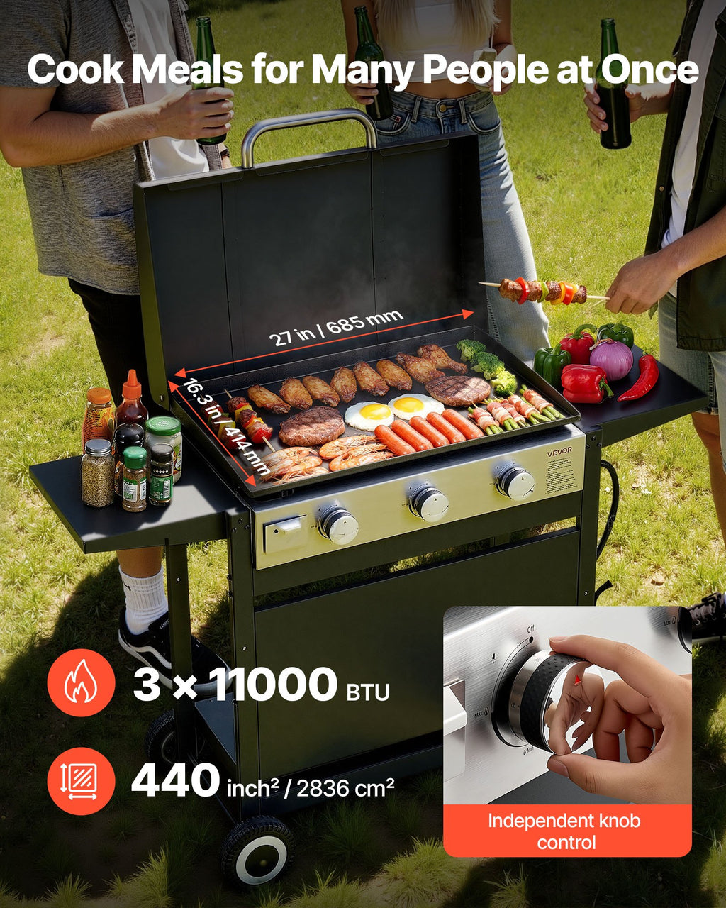 Plancha de gas, parrilla de superficie plana de 3 quemadores