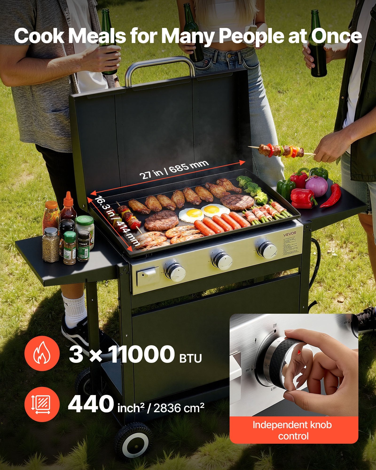 Plancha de gas, parrilla de superficie plana de 3 quemadores