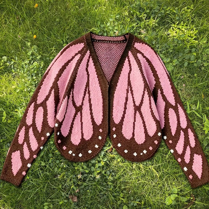 Women's butterfly-knit cardigan sweater by AdTec in pink and brown, open-front, long sleeves.