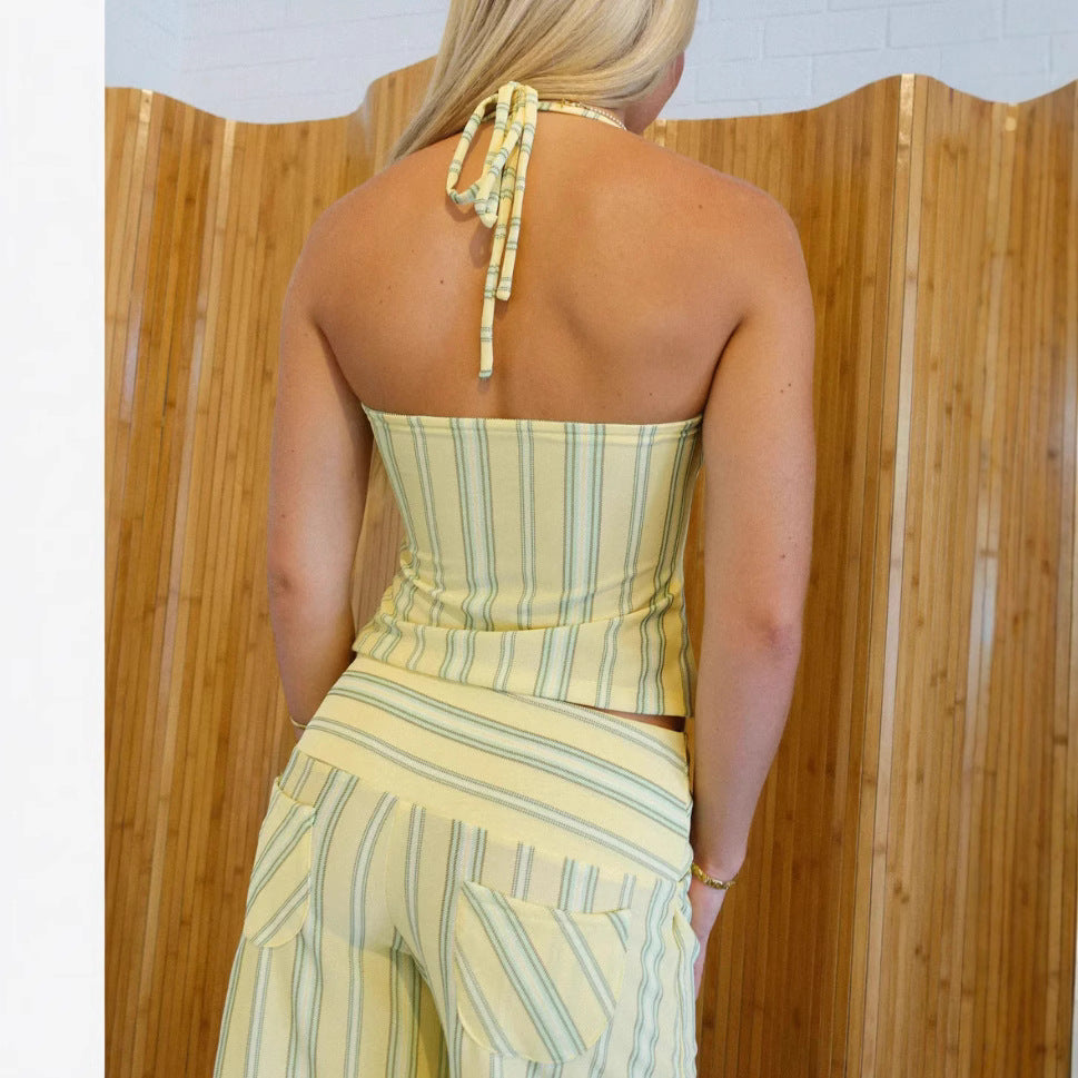 Ensemble deux pièces sexy : bandeau rayé sans bretelles et pantalon décontracté taille haute