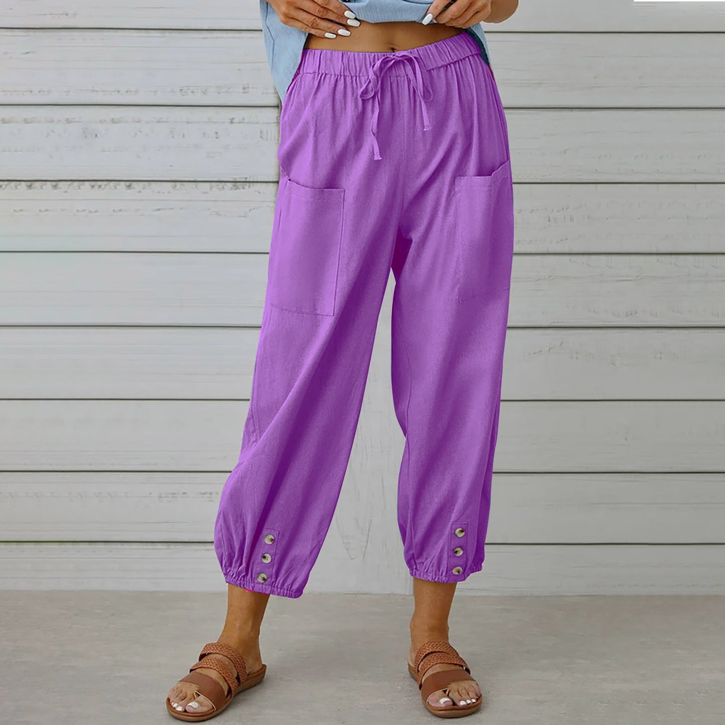 Pantalon ample taille haute en coton et lin avec boutons, coupe courte, jambes larges pour femme