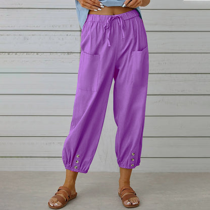 Pantalon ample taille haute en coton et lin avec boutons, coupe courte, jambes larges pour femme