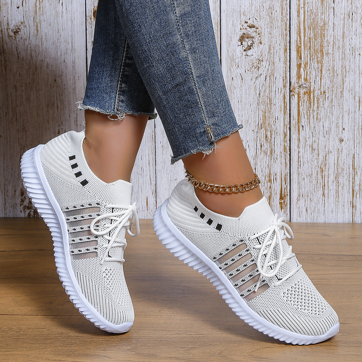 Baskets décontractées à lacets en maille respirante, tissage volant, bout rond, chaussures de marche et de course