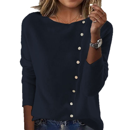 Élégant pull à col rond et manches longues avec boutons pour femme, pulls tricotés printemps-automne