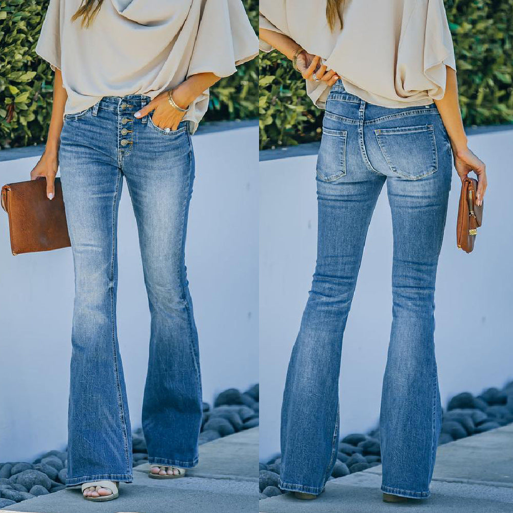 Jean taille haute à pattes d'éléphant, style streetwear tendance, pantalon en denim pour femme