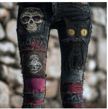 Pantalon en faux jean fleuri et coloré pour femme