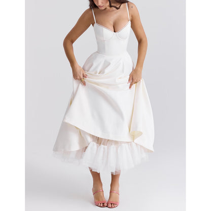 Vestido largo abullonado sin mangas con cuello en V para mujer