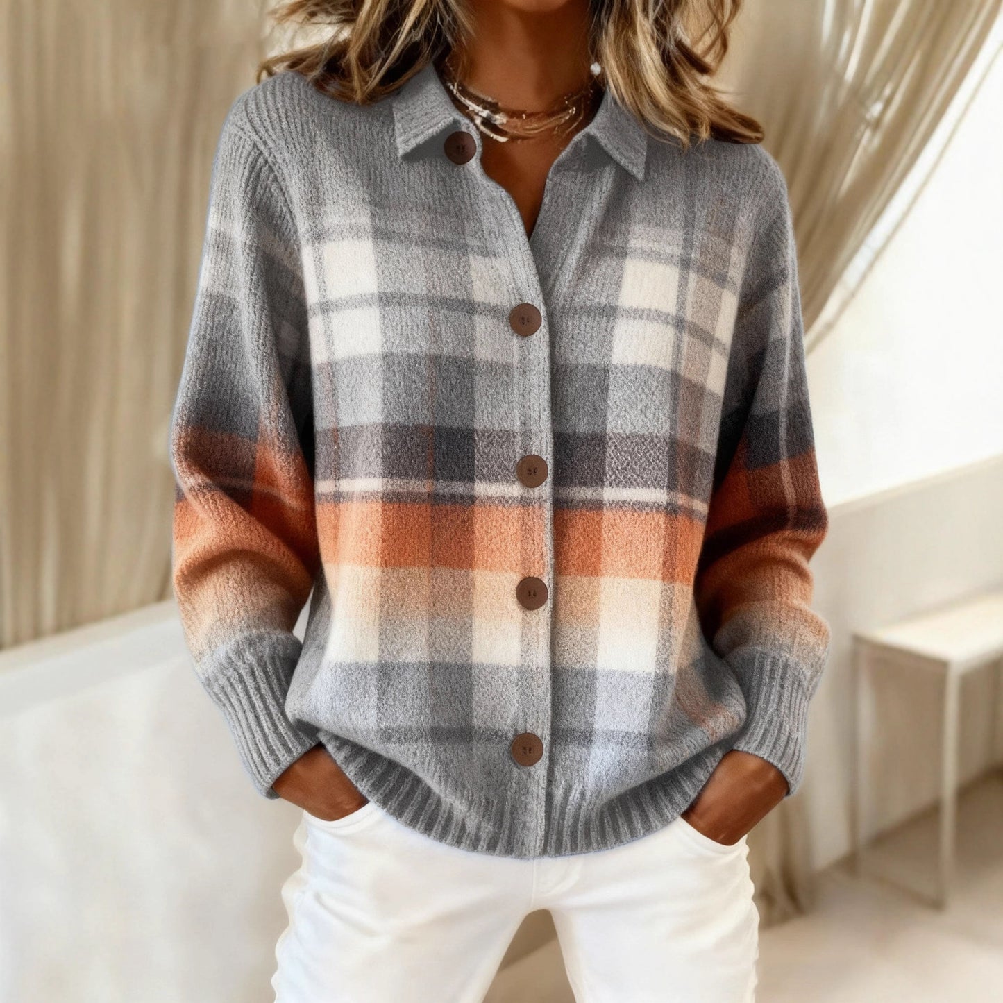 Haut cardigan à revers de chemise pour femme de couleur unie