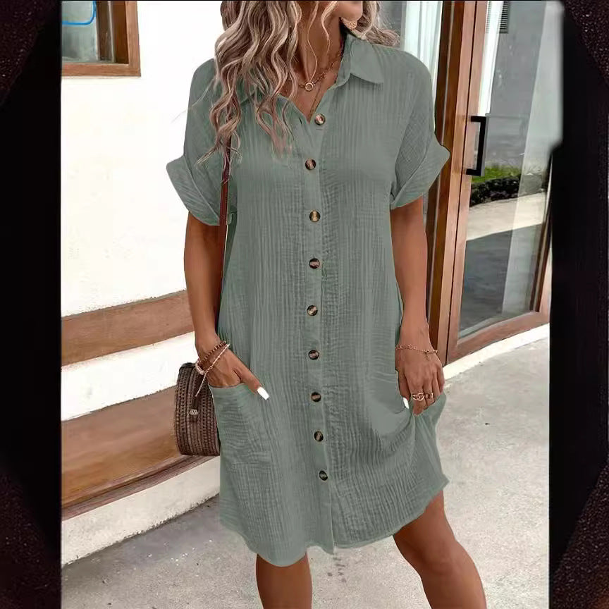 Robe d'été à manches courtes, mode unie, boutonnée, mi-longue, ample