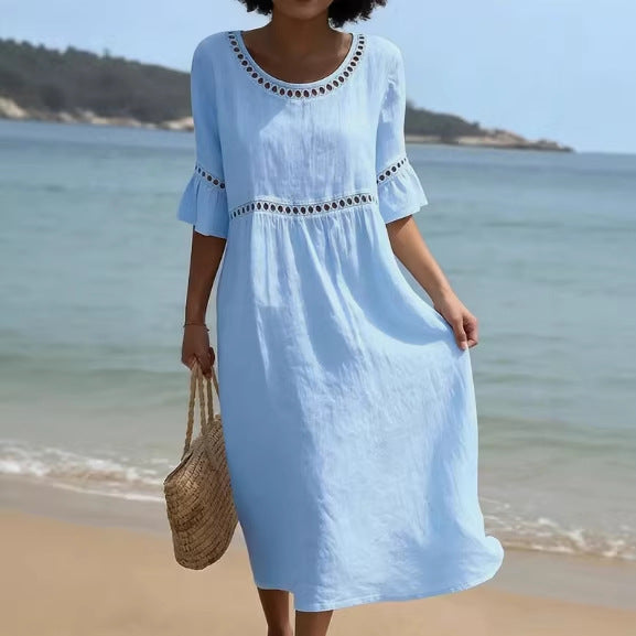 Elegant Casual Crew-Neck Three-Quarter-Sleeve Solid-Color Dress
