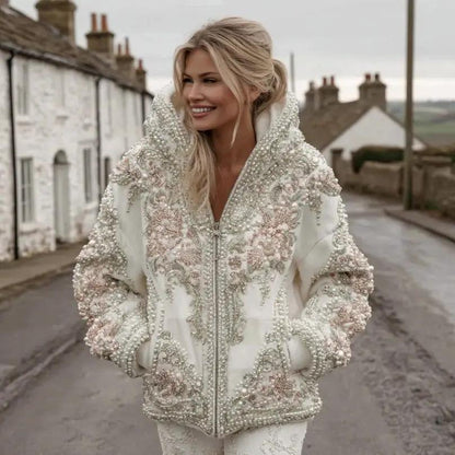 Hooded women's 3D-printed hoodie, white with pearl bead embroidery and floral detailing