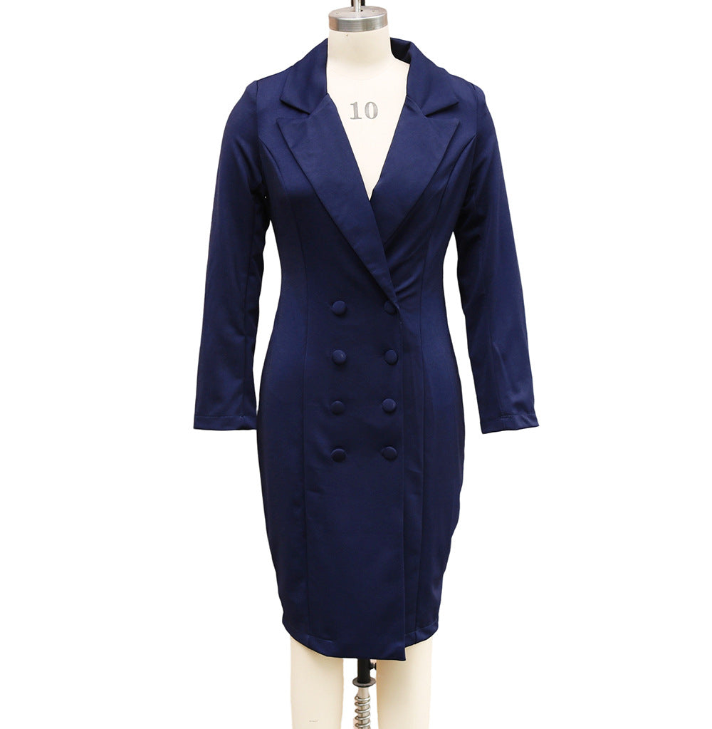 Robe blazer croisée tendance, coupe ajustée, hanches drapées, revers, manches longues, robes de bureau, navette, longue veste, vêtement d'extérieur pour femme