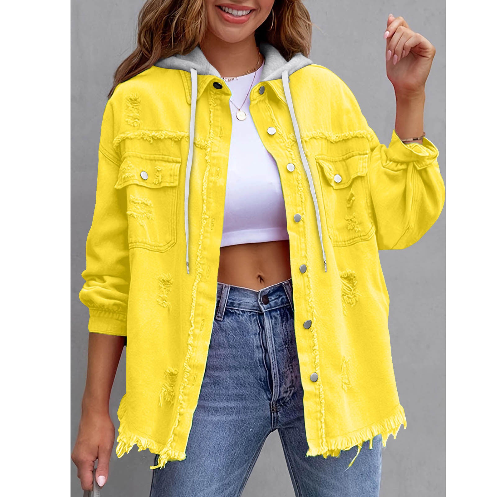 Chaqueta vaquera con capucha holgada de color liso para mujer