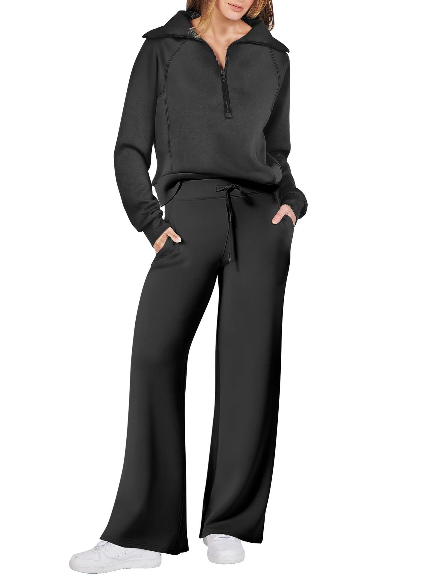 Ensemble décontracté deux pièces : Sweat-shirt zippé à manches longues et pantalon large