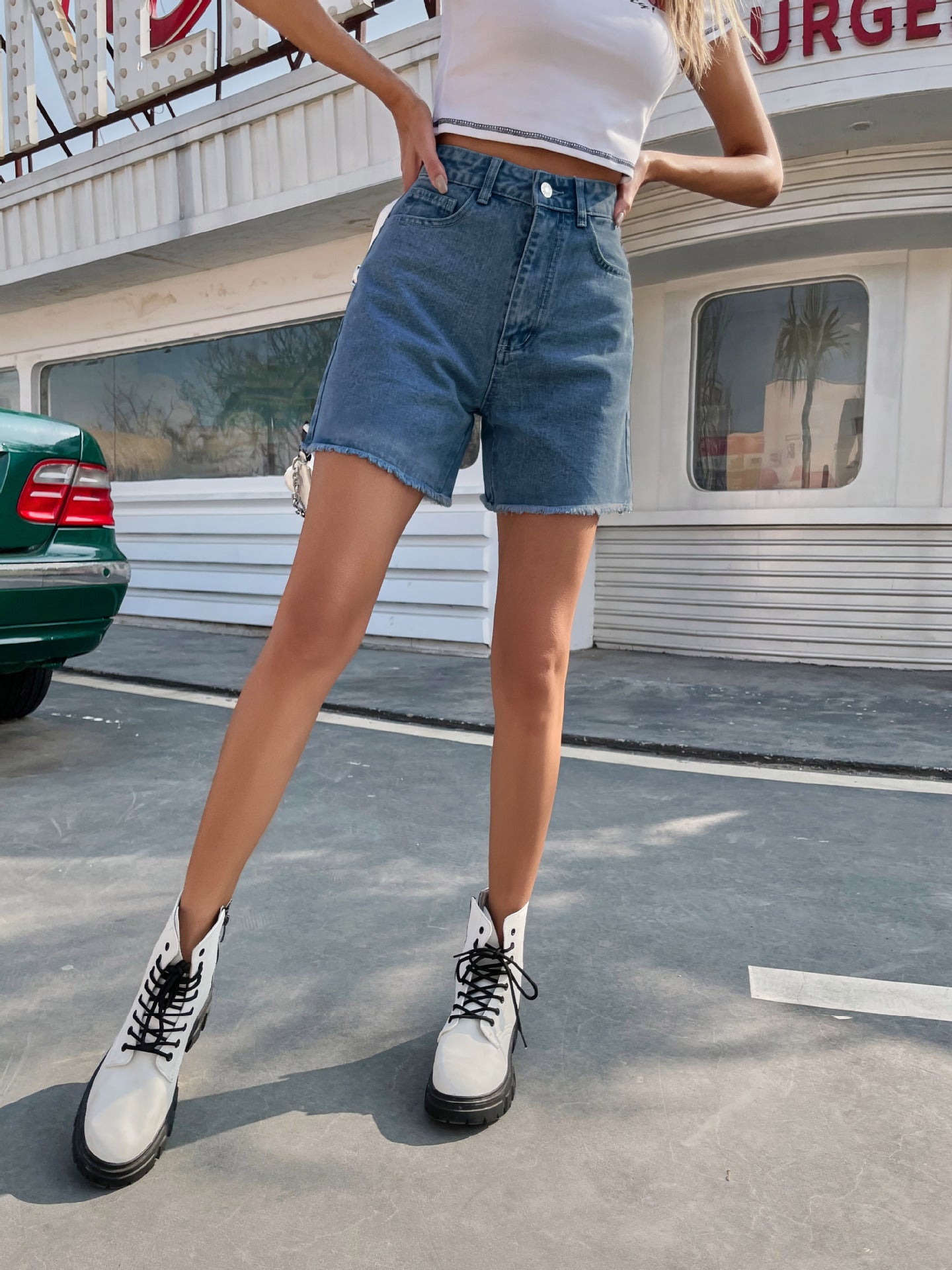 Pantalones cortos de mezclilla casuales sueltos de talle alto para mujer