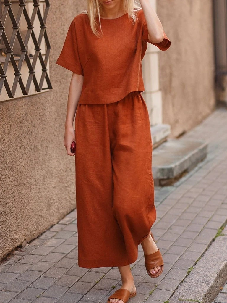 Traje de dos piezas de lino informal holgado de color sólido para mujer europea y americana