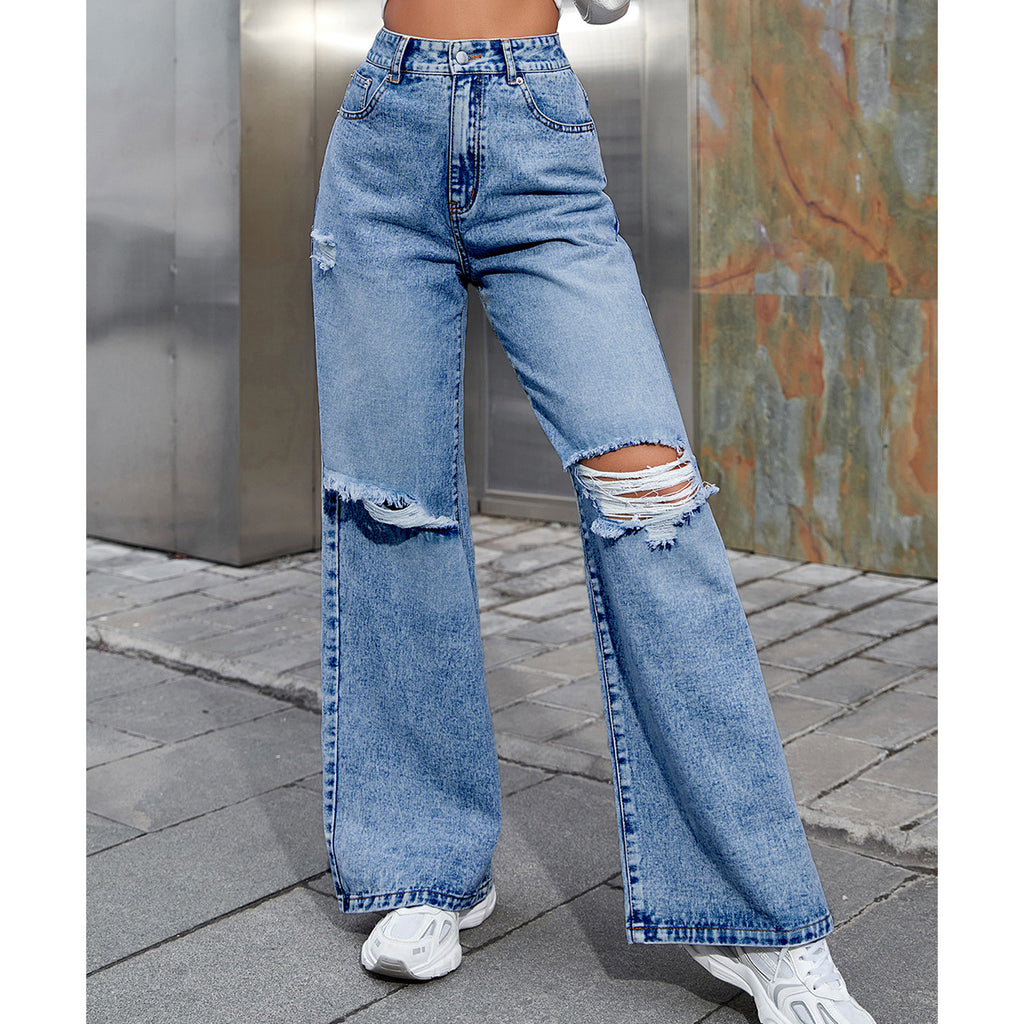 Pantalon en jean décontracté taille haute à trous pour femme