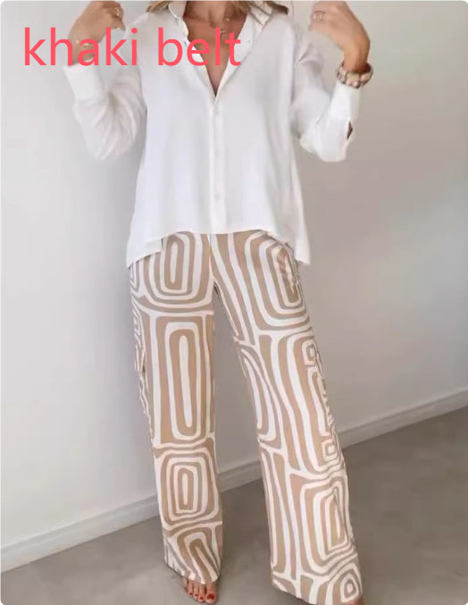 Ensemble Femme Chemise Décontractée à Revers et Manches Longues Imprimée et Pantalon Large