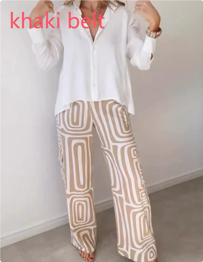 Ensemble Femme Chemise Décontractée à Revers et Manches Longues Imprimée et Pantalon Large