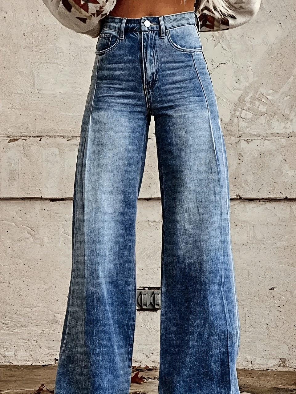 Pantalones de pata ancha, transferencia térmica, tipo campana, simulación de vaqueros