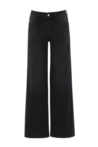 Jean droit en denim taille mi-basse à basse, très élastique, doux et rehaussant les hanches, à jambe large