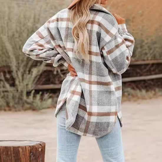 Chaqueta de cuadros con hebilla para mujer, a la moda, informal, de manga larga
