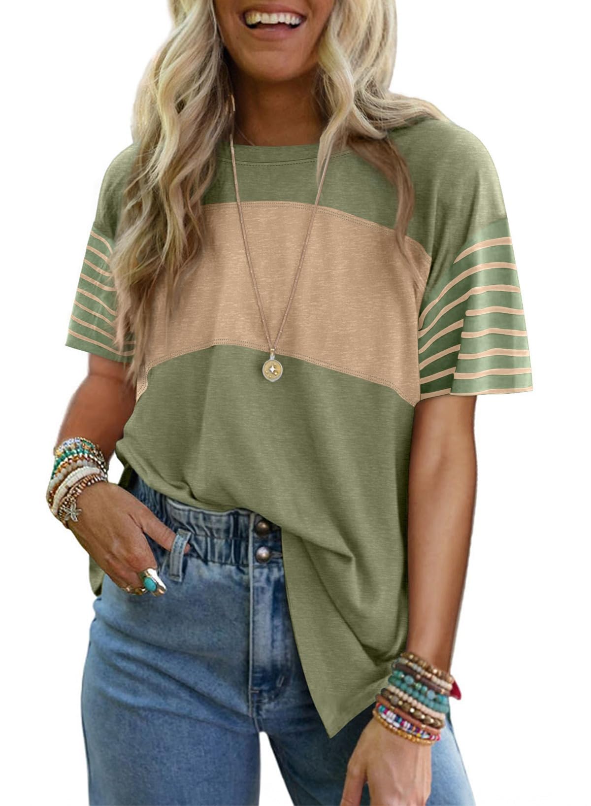 T-shirt à manches courtes rayé et color-block décontracté à col rond pour femme