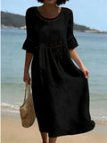 Elegant Casual Crew-Neck Three-Quarter-Sleeve Solid-Color Dress
