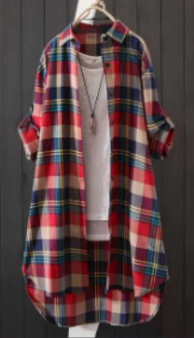Camisa de mujer con estampado a cuadros elegante - Cuello polo clásico con cierre de botón - Manga larga casual para primavera y otoño - Un básico de armario para mujeres a la moda