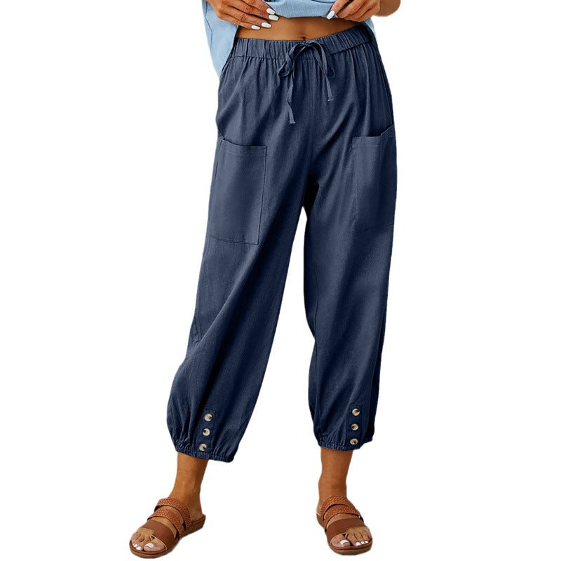 Pantalón Holgado de Algodón y Lino de Cintura Alta con Botones, Pantalón Capri de Pierna Ancha para Mujer