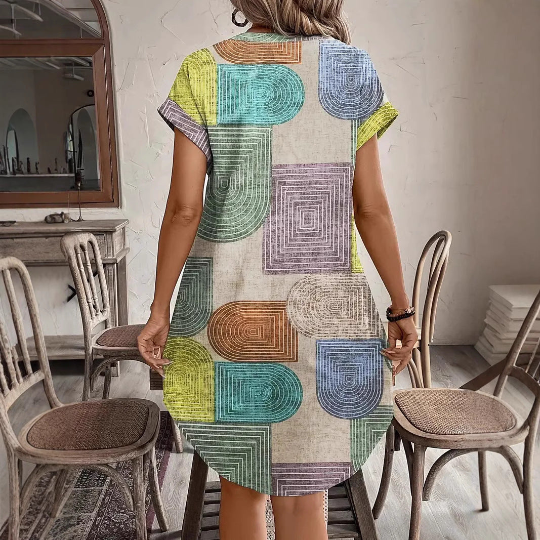 Robe élégante à col en V boutonnée en tissu imprimé