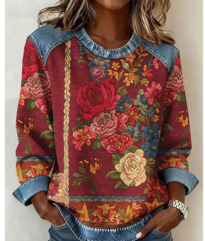 Sweat-shirt à manches longues et col rond imprimé numérique 3D pour femme