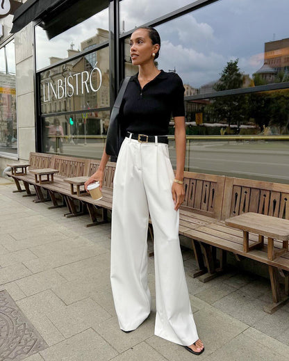 Pantalon blanc taille haute, coupe ample et décontractée