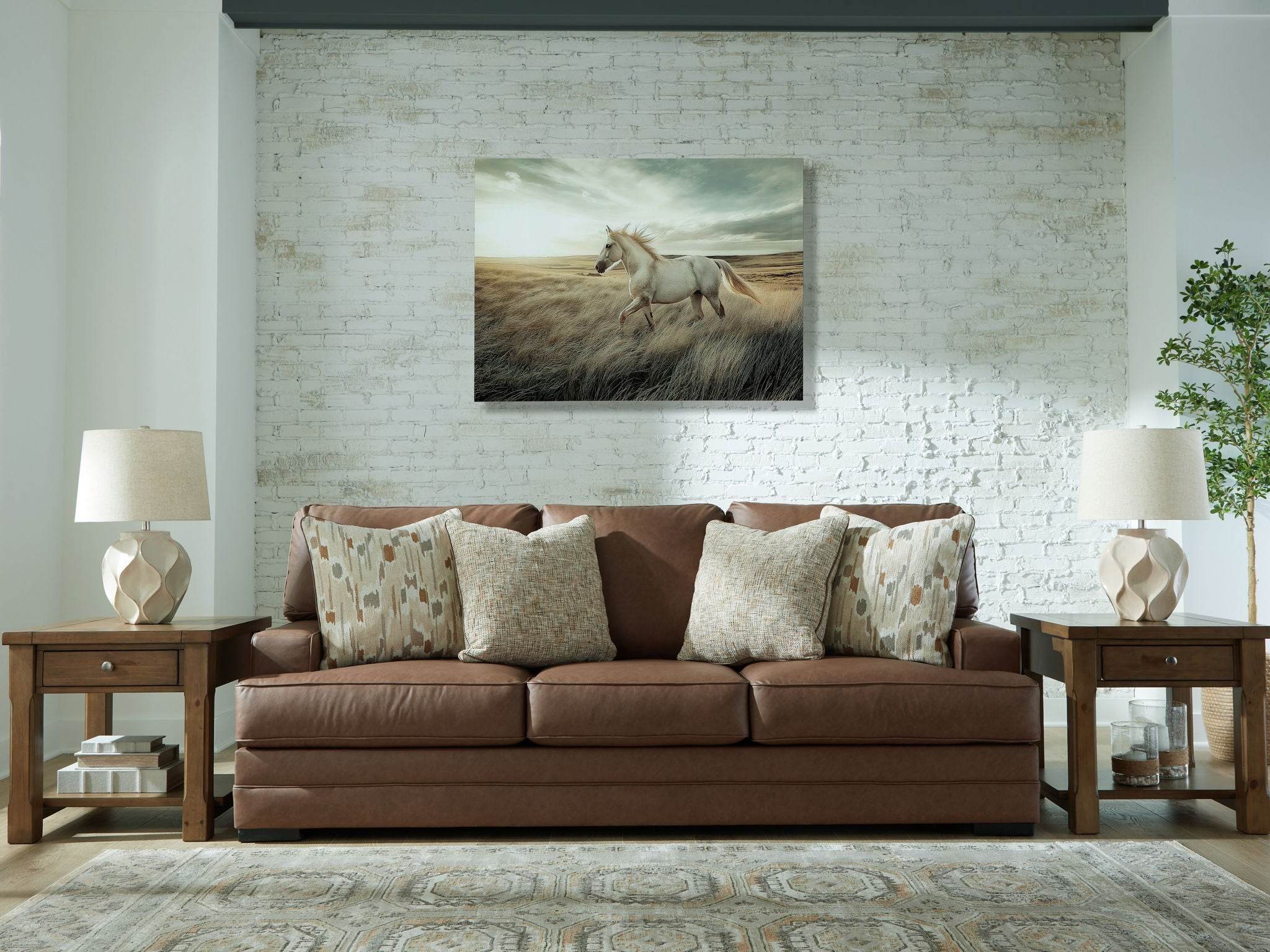 Caramel Faux Leather Sofa with Accent Pillows by VillaCourt Large Seating Roomy Couch-2