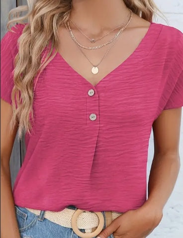 Chemisier Solide Boutonné Sur Le Devant, Blouse Décontractée À Col En V Et Manches Courtes Pour Le Printemps Et L'Été, Vêtements Pour Femmes