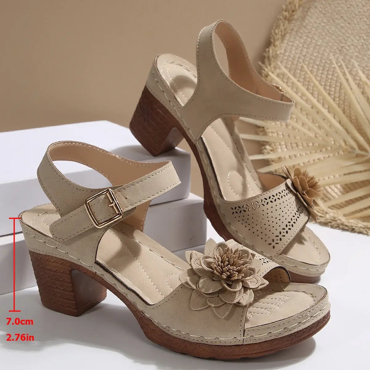 Women's Flowers Chunky Heel Sandals beige; ankle-strap sandals with flower embellishment and wood-like chunky heel; two shown