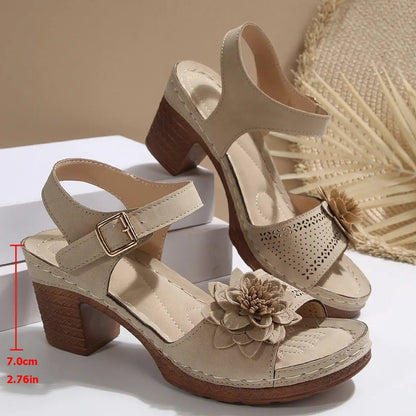 Women's Flowers Chunky Heel Sandals beige; ankle-strap sandals with flower embellishment and wood-like chunky heel; two shown