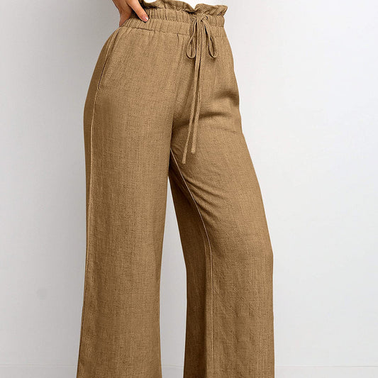 Pantalones capri de pierna ancha con cordones en la cintura elástica y color liso