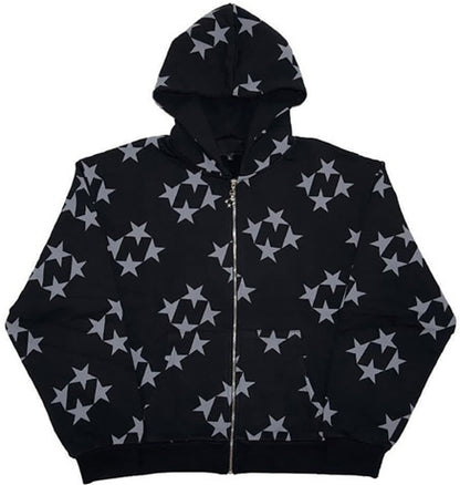 Cardigan à Capuche Zippé Imprimé Étoiles, Vêtement d'Extérieur Tendance pour Couple, Sweat-shirt à Capuche, Manteau Homme Femme Streetwear