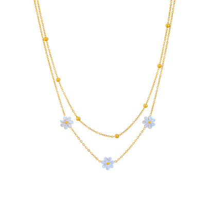 Bijoux fantaisie en acier inoxydable, collier double couche avec pendentif fleur marguerite et boucles d'oreilles.