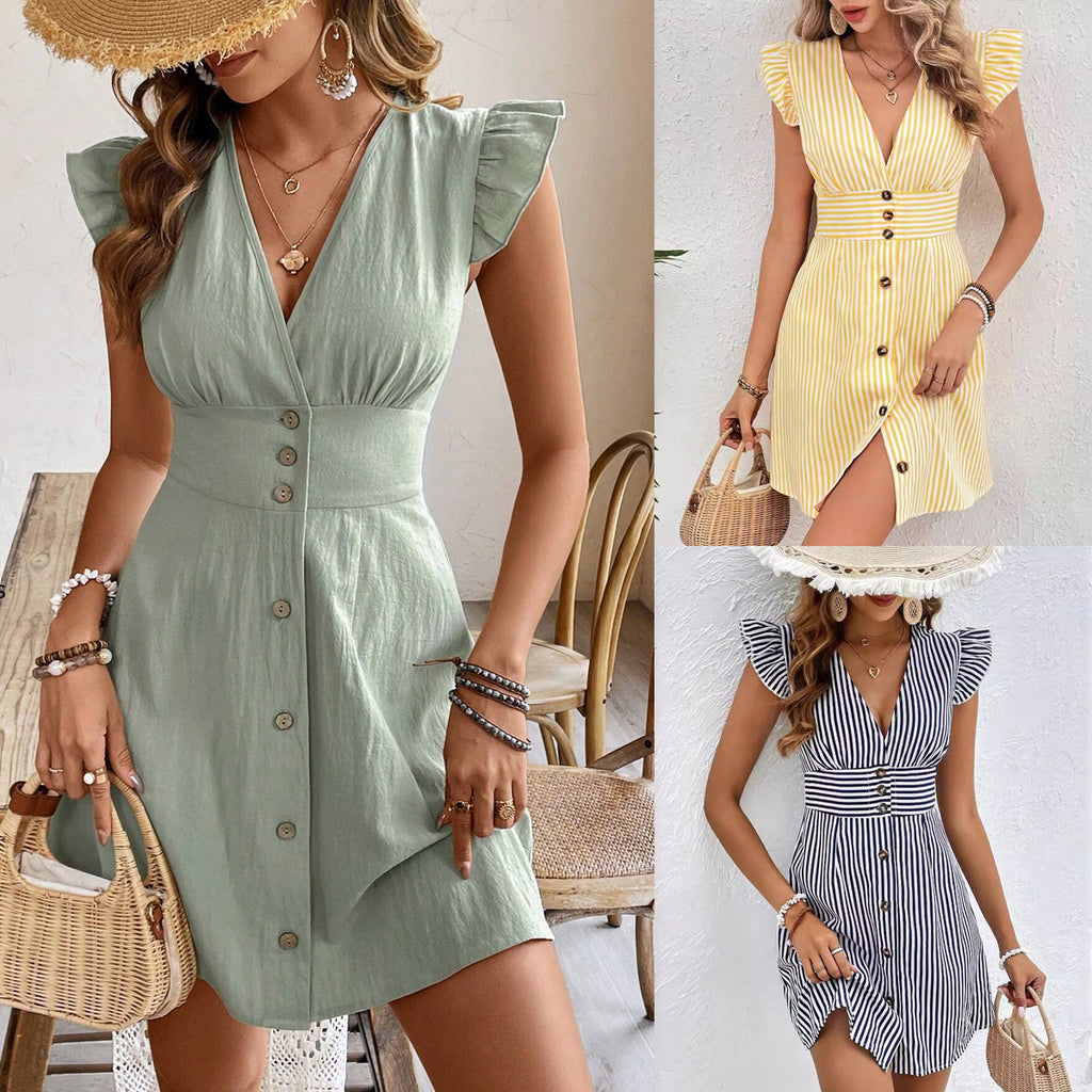 Robes chemise d'été à col en V, boutonnage simple et manches volantées pour femmes, avec élégante impression à rayures et coupe de plage
