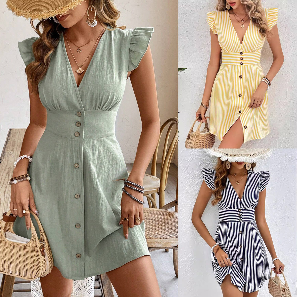 Robes chemise d'été à col en V, boutonnage simple et manches volantées pour femmes, avec élégante impression à rayures et coupe de plage