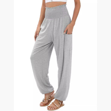 Pantalones casuales de talle alto y pierna ancha con cintura elástica