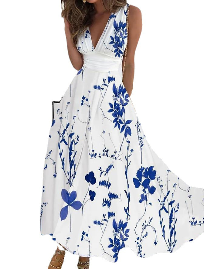 Nouvelle robe d'été sans manches à col en V, taille haute imprimée pour femmes