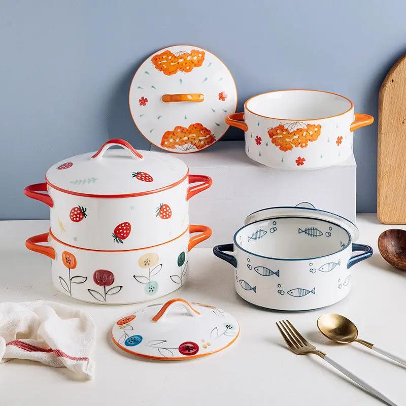 AdTec double-handled ceramic soup bowl with lid in white with orange handles and strawberry pattern