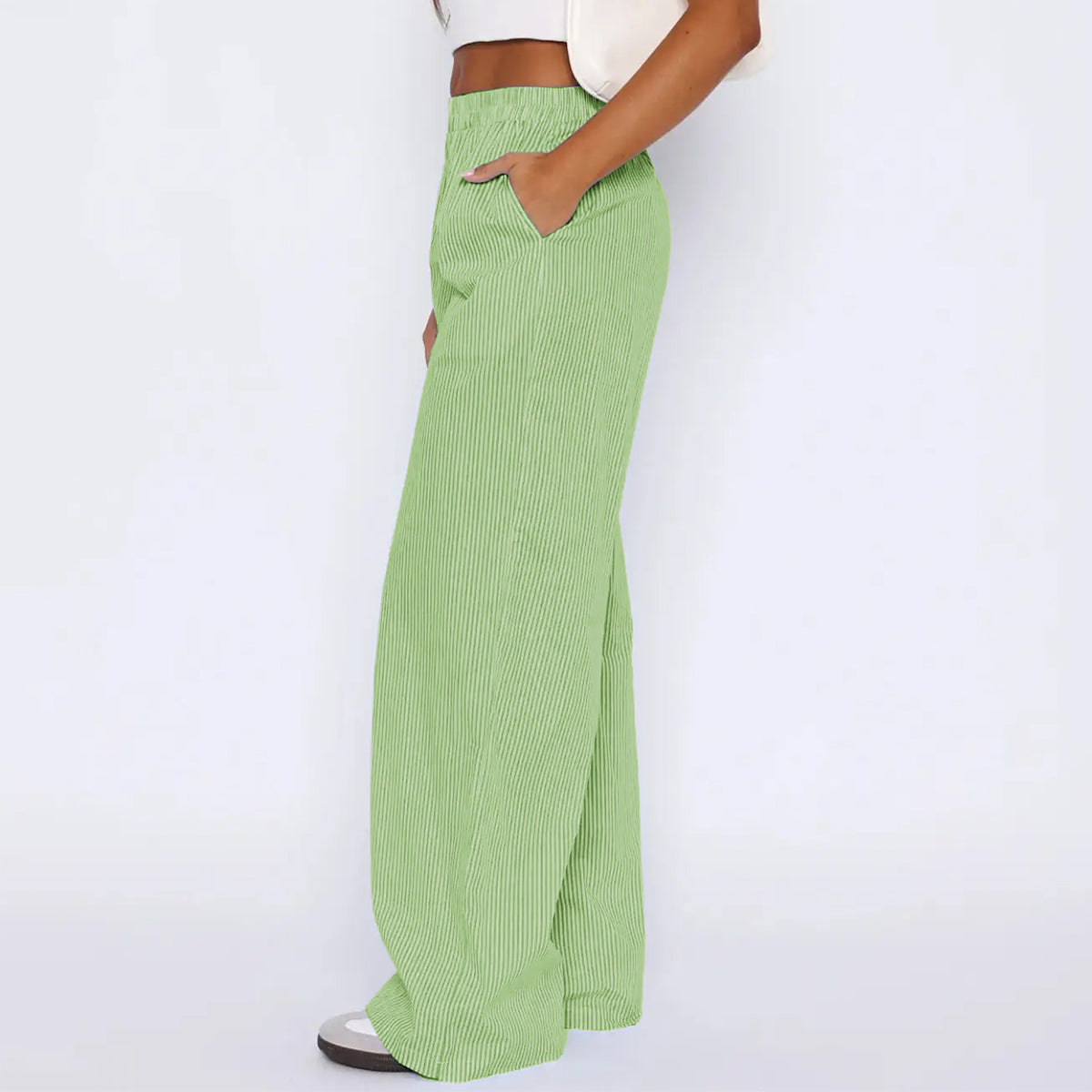 Pantalones de rayas con bolsillos Ins Pantalones anchos rectos informales de moda para mujer
