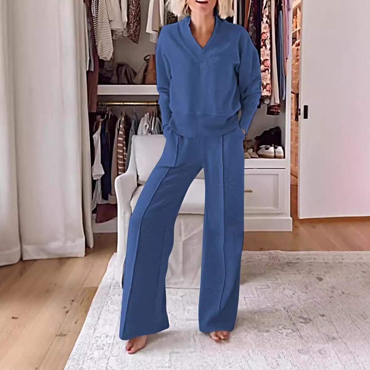 Ensemble deux pièces col en V manches longues haut ample pantalon large