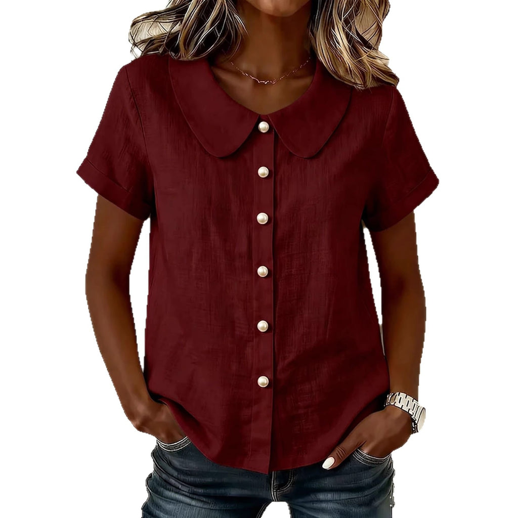 Womens Solid-Colored Short-Sleeve Casual Loose Cotton-Linen Shirt